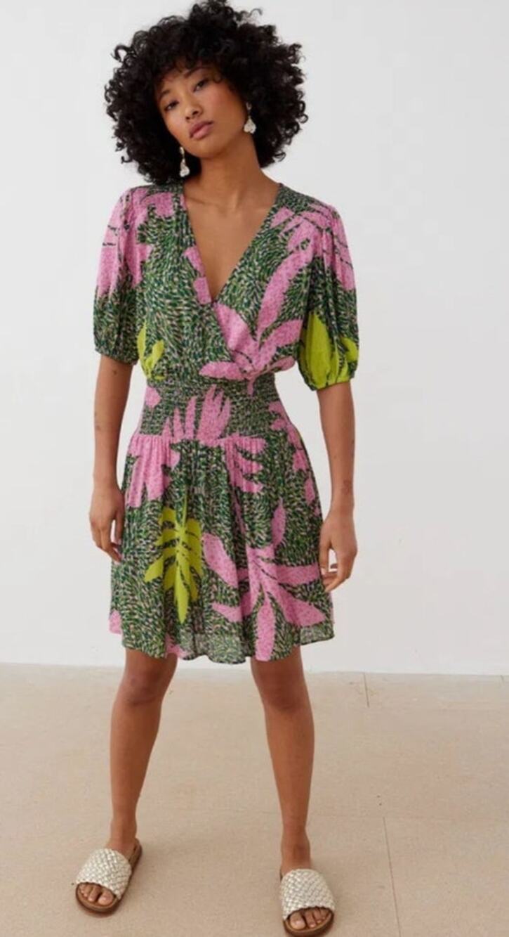 NWT Oliver Bonas Palm Print Mini Dress UK8 US4 Pink Green Metallic Resort